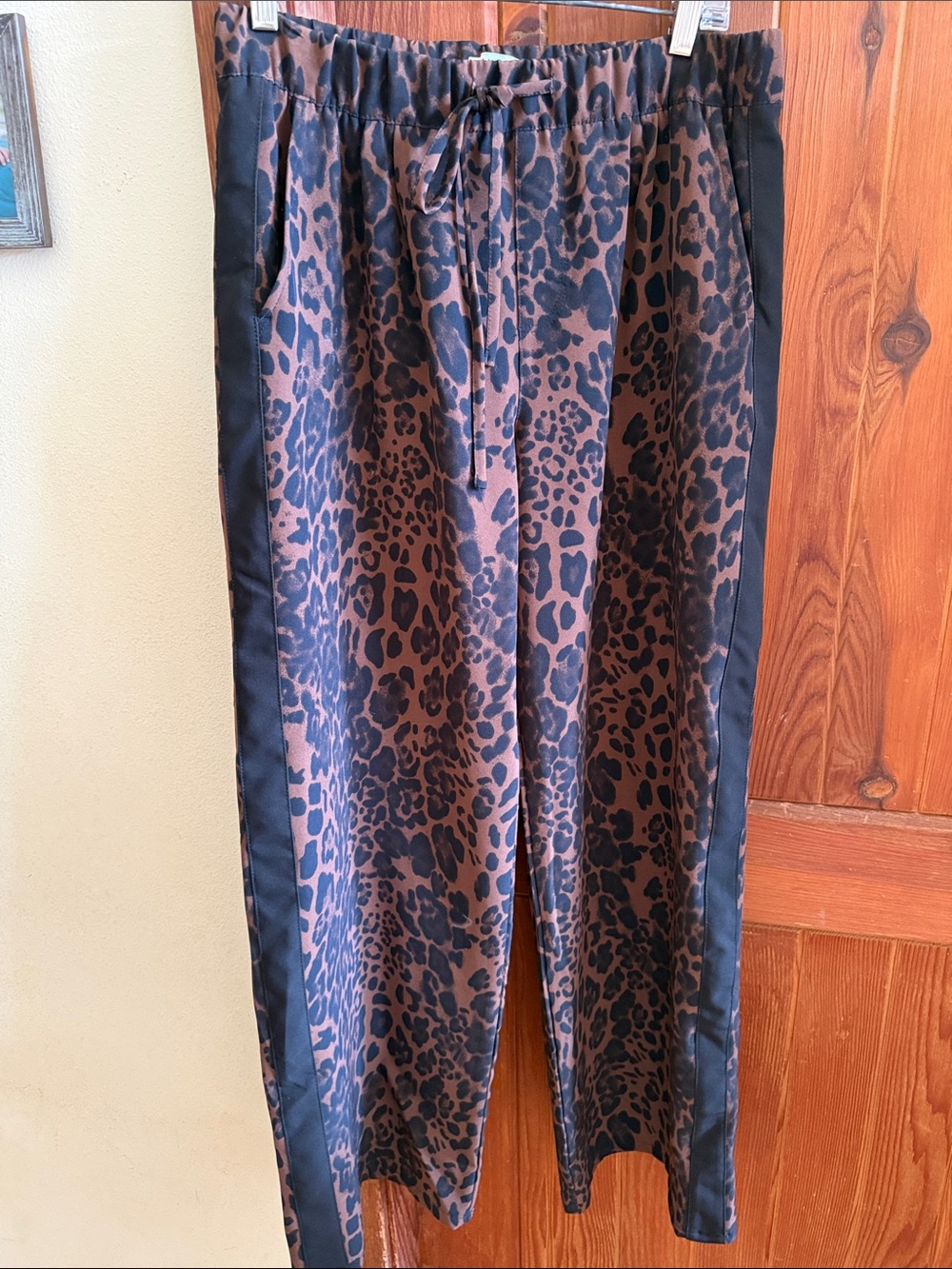 Leopard Print Drawstring Wide Leg Pants - Brown and Black